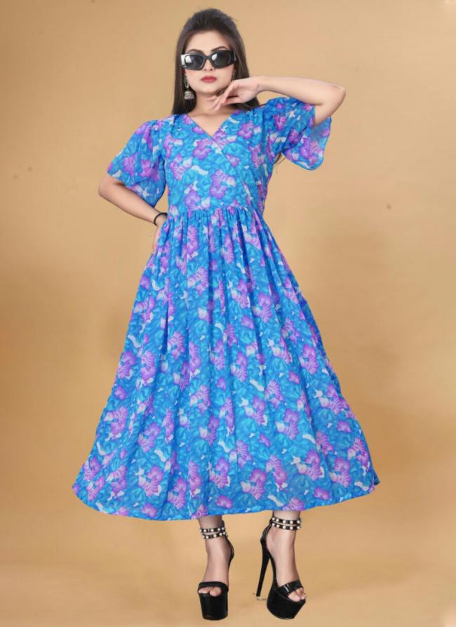 Georgette Sky Blue Casual Wear Printed Readymade Gown